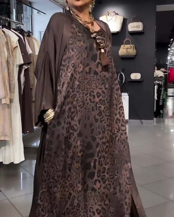 Sæt Leopard Spaghetti Strop Lang Kjole Og Cardigan