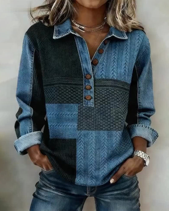 Trykt Sweatshirt Med Lange Ærmer Og Button-Down Krave