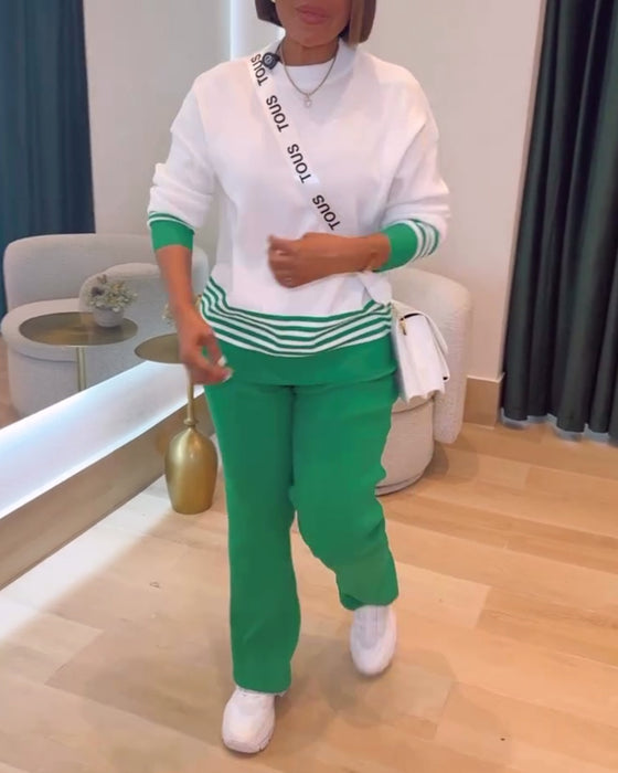 Stribet Kontrast Pullover Bukse Sæt