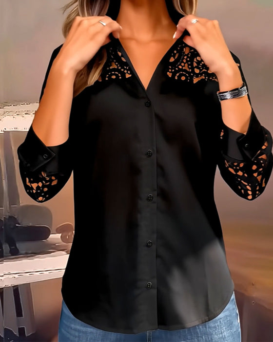 Bluse Ensfarvet Lapeler Blonder Patchwork