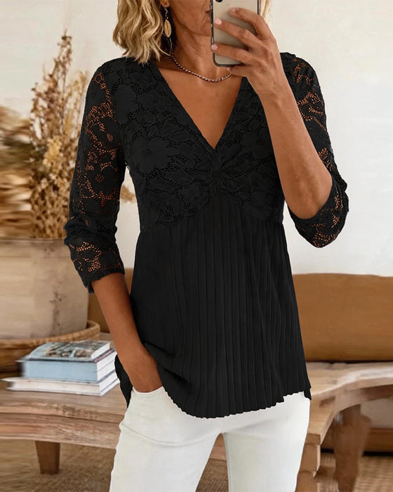 Bluse Afslappet V-Hals Blonde Panel