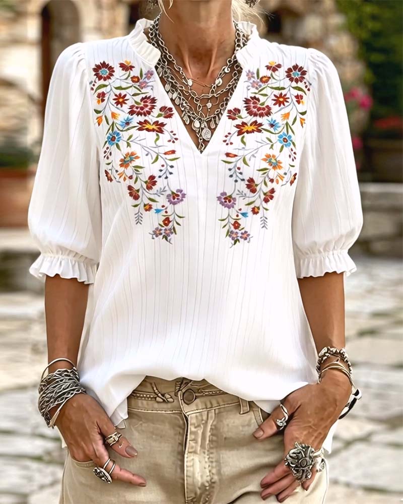 Bluse Ruffle Trim Tryk Casual