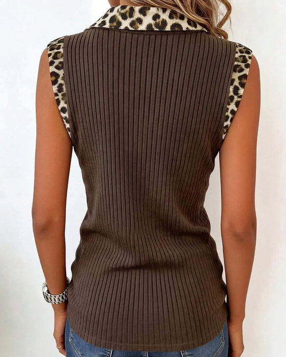 Bluse Revers Leopard Tryk Ærmeløs Ribbet