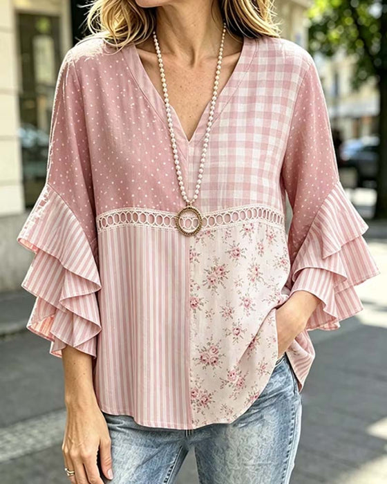 Bluse Dobbelt Lag Ruffle Ærmer Stribet Prikket Tryk