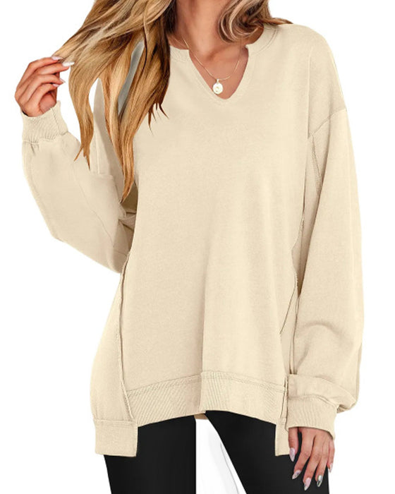 Sweatshirt V-hals Ensfarvet Løstsiddende