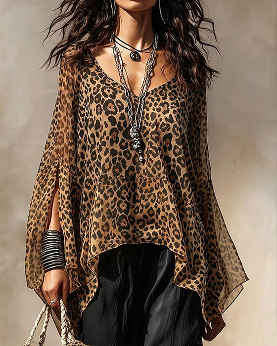 Bluse V-Hals Leopard Uregelmæssig