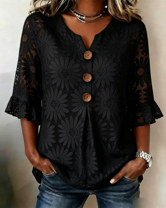 Bluse Med Rynket Tusindfrydmønster Og Rynkeærmer