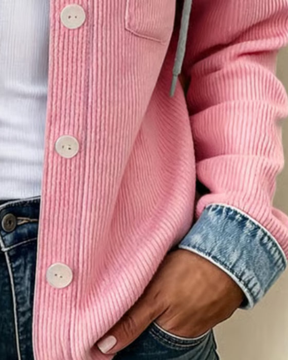 Frakke Hætte Ribstrikket Denim Patchwork Kneppet