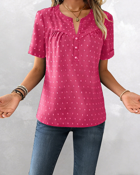 Bluse Jacquard V-Hals Halvlynge Kort Ærme