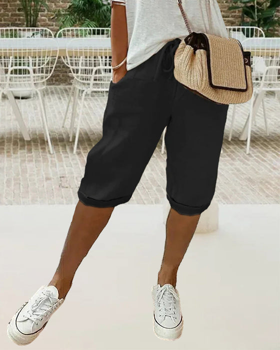 Ensfarvet behagelige bermudashorts med snøre