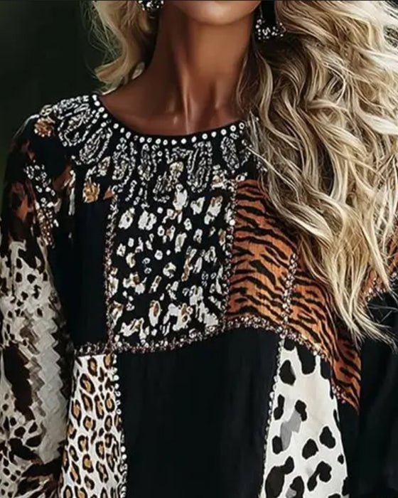 Bluse Rund Hals Leopard Tiger Tryk Kontrast