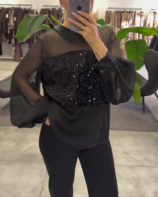 Bluse Ensfarvet Puffærme Krave