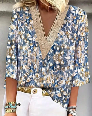 Bluse V-Hals Trekvart Ærme Blomstret Print