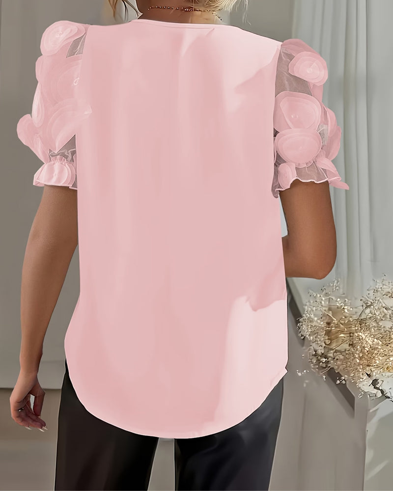 Bluse Puffærme Mesh V-Udskæring