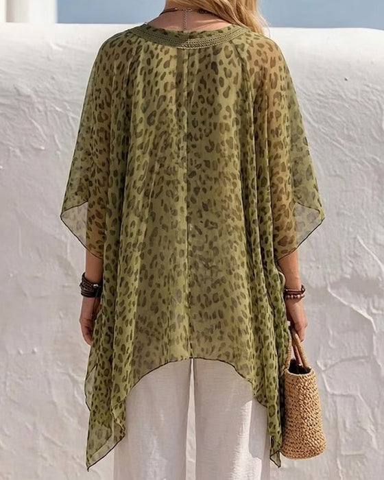 Bluse V-Hals Uregelmæssig Leopard