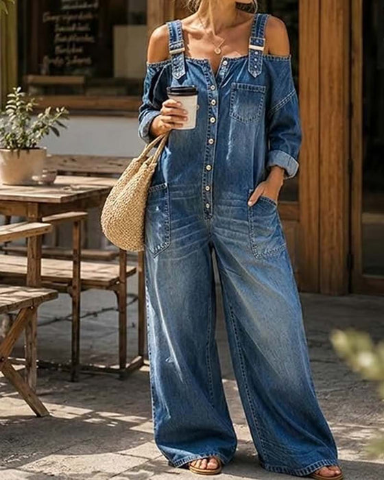 Jumpsuit Spagettibånd Kold Skulder Bred Ben Denim