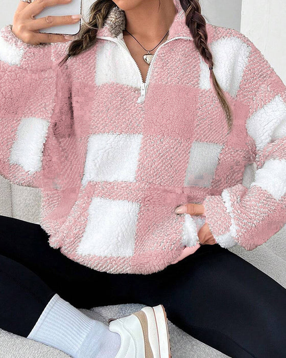Sweatshirt Halv-Zip Ståkrave Rutemønster