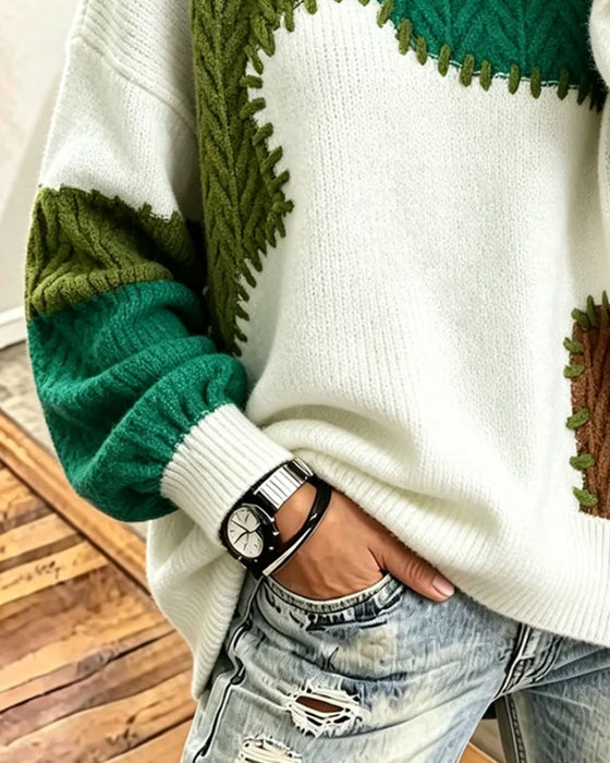 Pullover Rund Hals Kontrasterende Skrå Skulder Patchwork