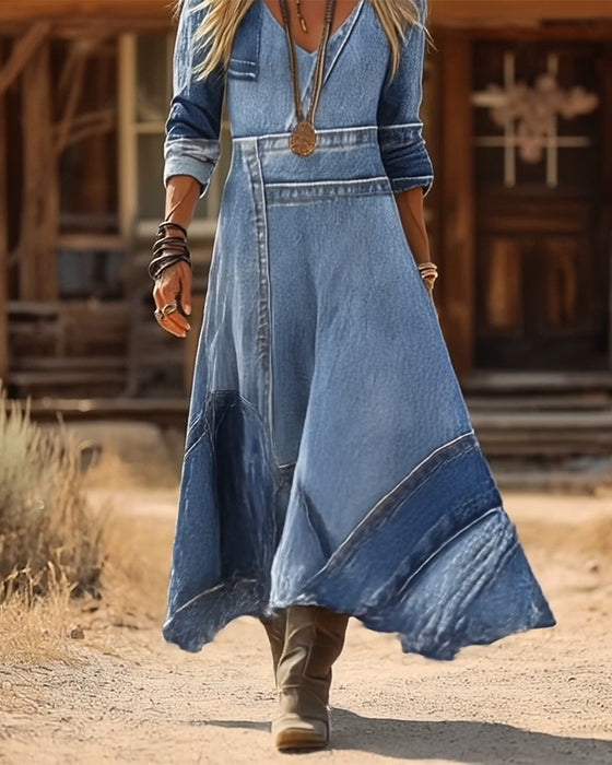 Kjole retro med v-hals og lange ærmer, print