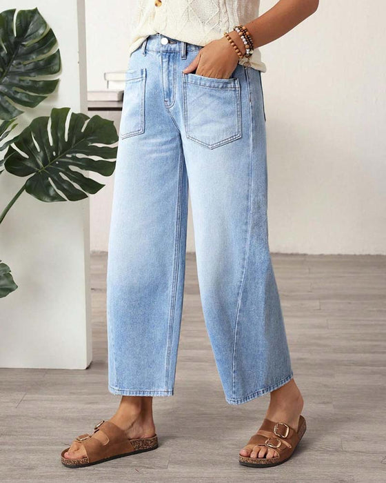 Jeans Denim Elastisk Talje Bredt Ben Croppet