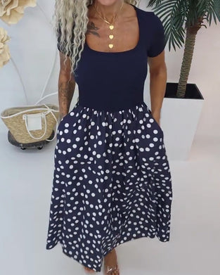 Kjole Firkantet Hals Polka Dot Patchwork