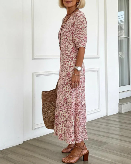 Kjole Vintage Blomstermønster V-Hals Maxi