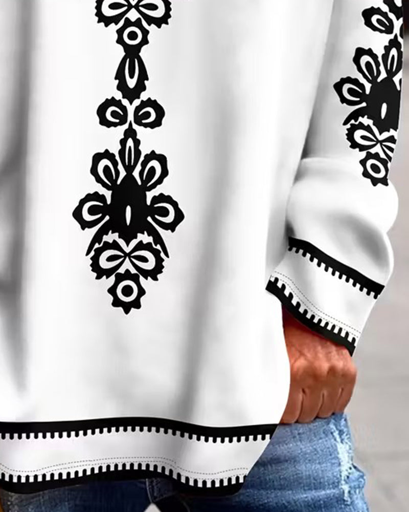 Farveblokeret V-hals Mønstret Langærmet Top