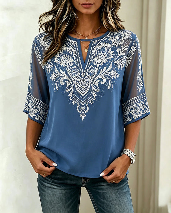 Bluse V-Hals Sheer Etnisk Tryk