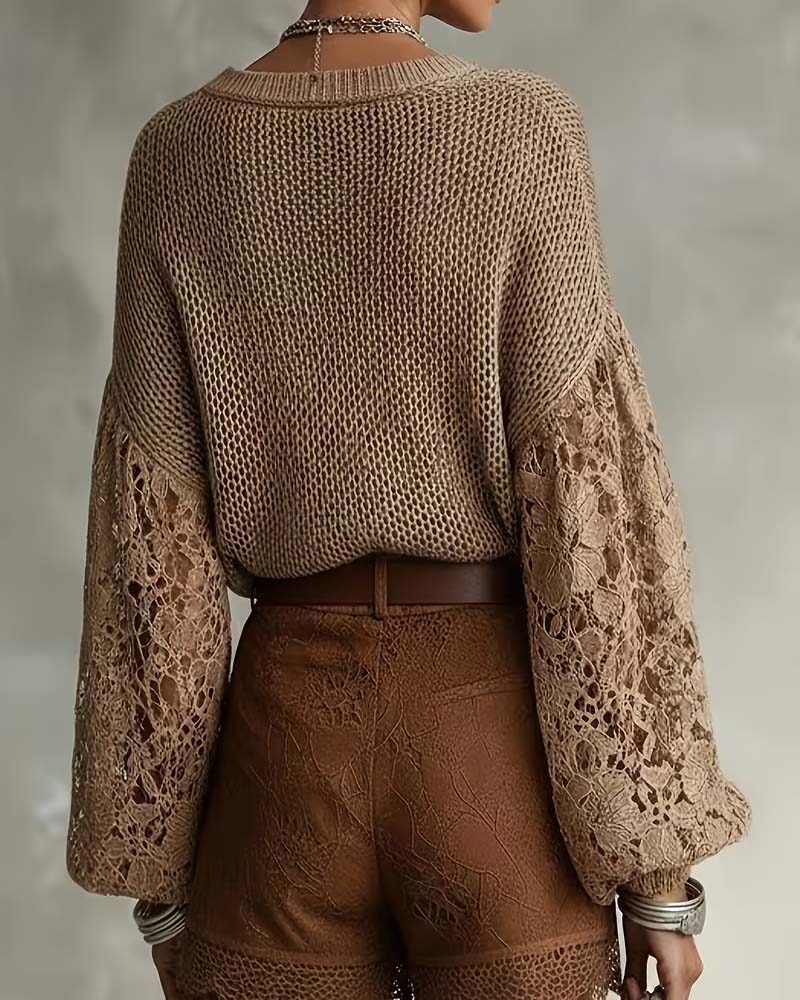 Pullover Blonde Udskæring Patchwork Lanterneærme