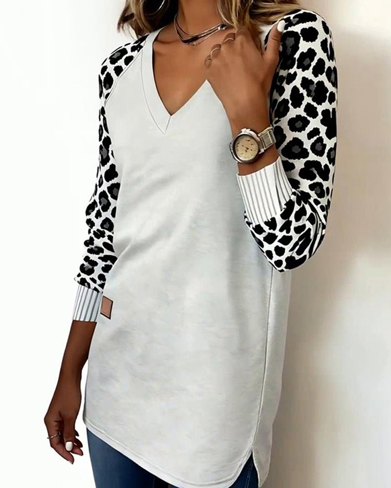 Midjelang Sweatshirt Med V-Halsudskæring Og Leopardtryk