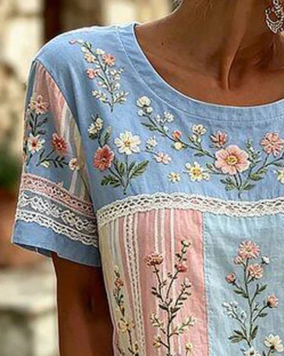 Bluse Rundhals Lapværk Blomstret