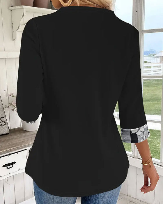 Printet Top Med Lange Ærmer Falsk Todelt Design