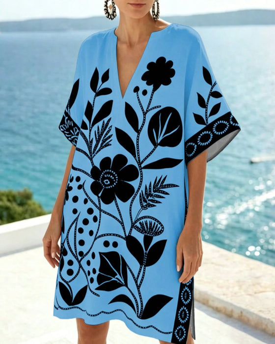 Kjole Floral Print V Hals Slids