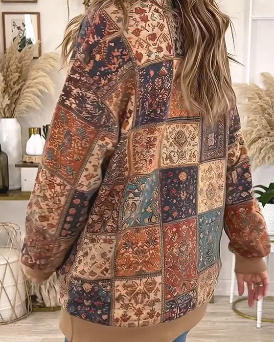 Sweatshirt Rund Hals Knappet Rutemønster Kontrast