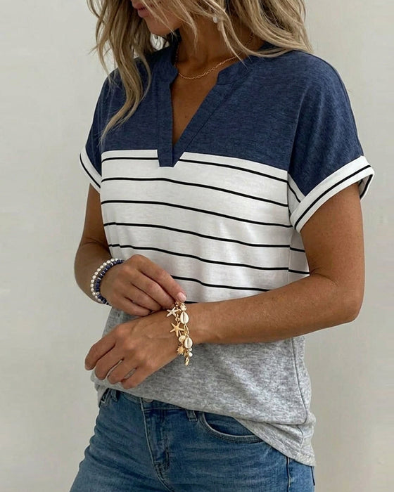 T-Shirt V-Hals Kontrast Stribe