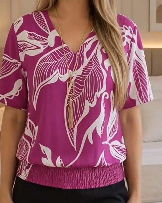 Bluse Blomstertryk Elastisk Kant Kortærmet