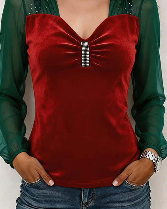 Bluse V-Hals Rynket Net Farveblok Slim Pasform