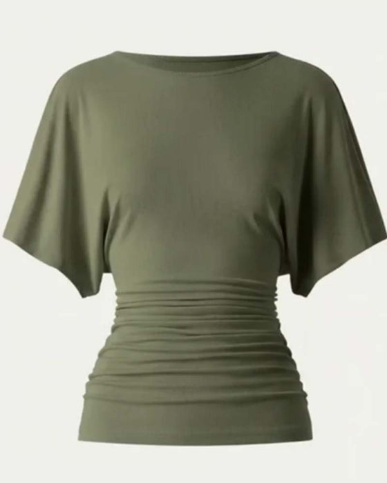 Bluse Casual Ensfarvet Plisseret Kort Ærme