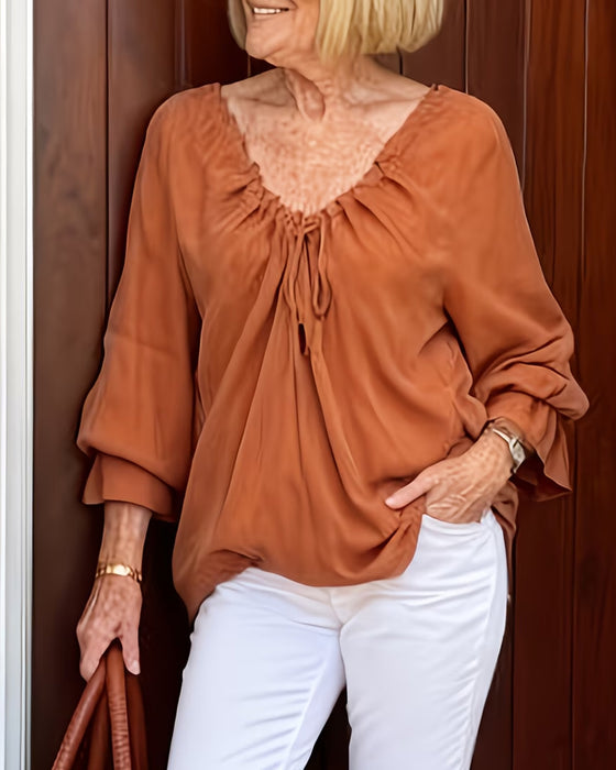 Bluse V-Hals Rynket Bindebånd Casual