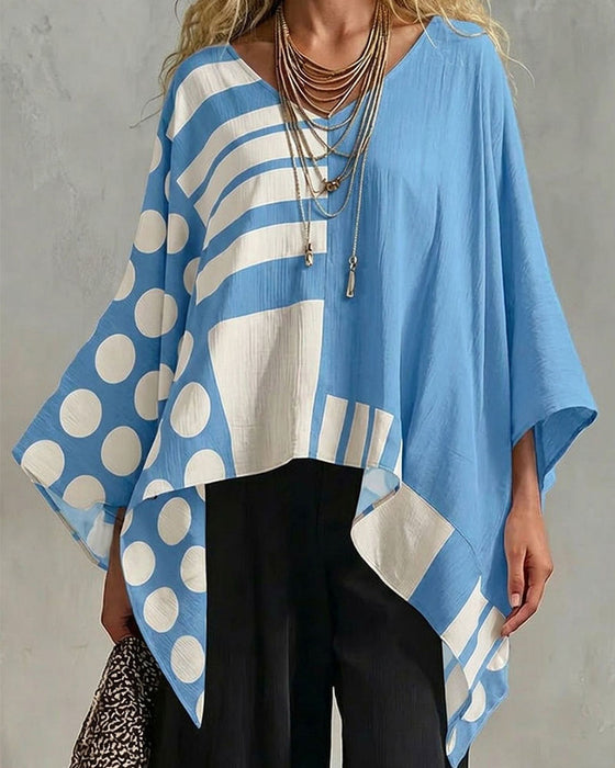 Bluse Polka Dot Stribe Patchwork V Halsudskæring