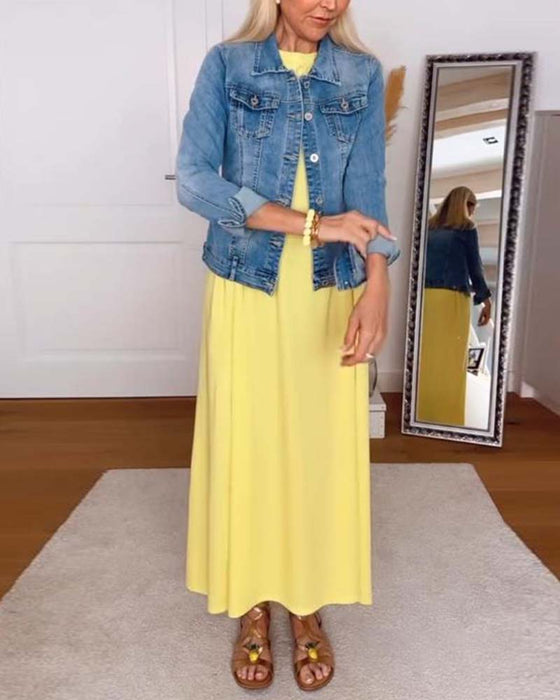 Kjole Casual Rund Hals Ensfarvet Lige