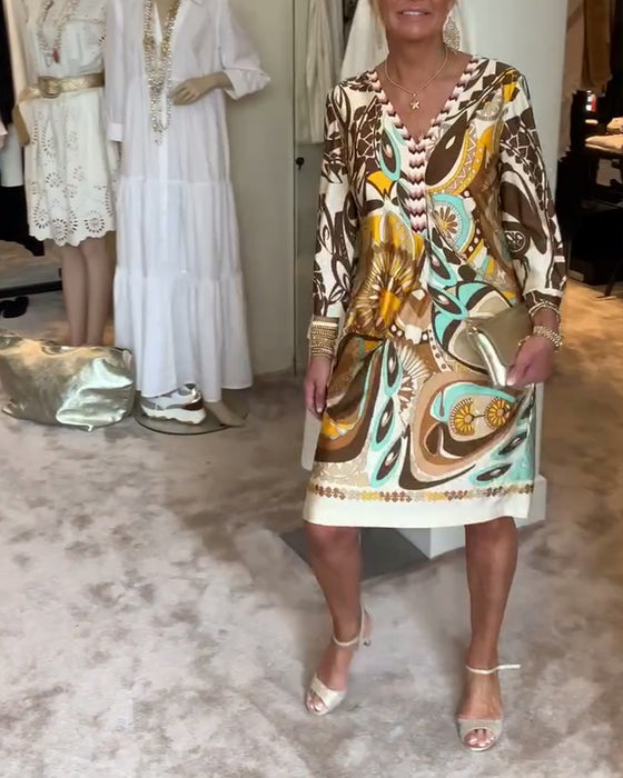 V-halset afslappet kjole med retroprint