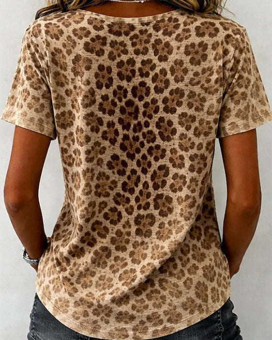 T-Shirt V-Hals Leopard Tryk Gradient Kortærmet