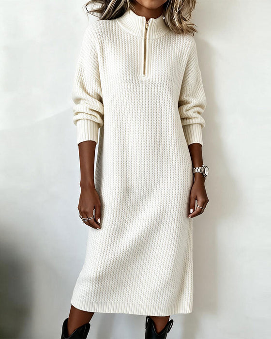 Strikkjole Halv-Zip Turtleneck Ensfarvet