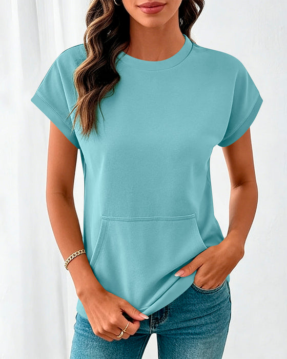 Bluse Forlomme Ensfarvet Rund Hals