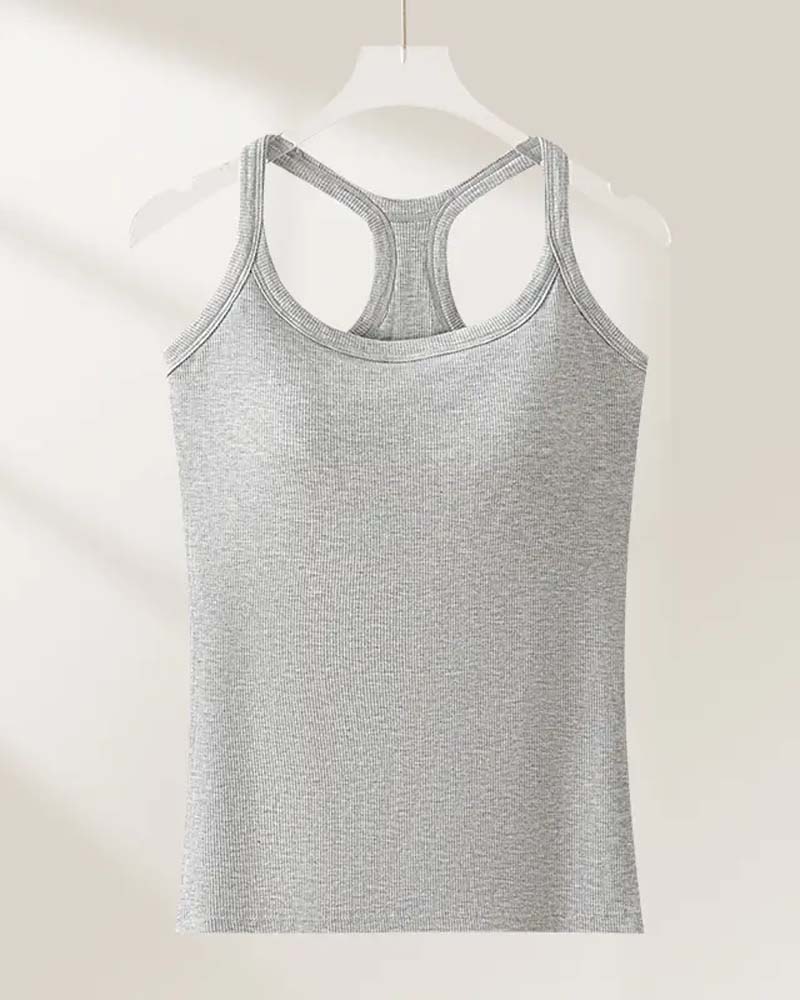 Tanktop Indbygget Bh Ribstrikket Ensfarvet