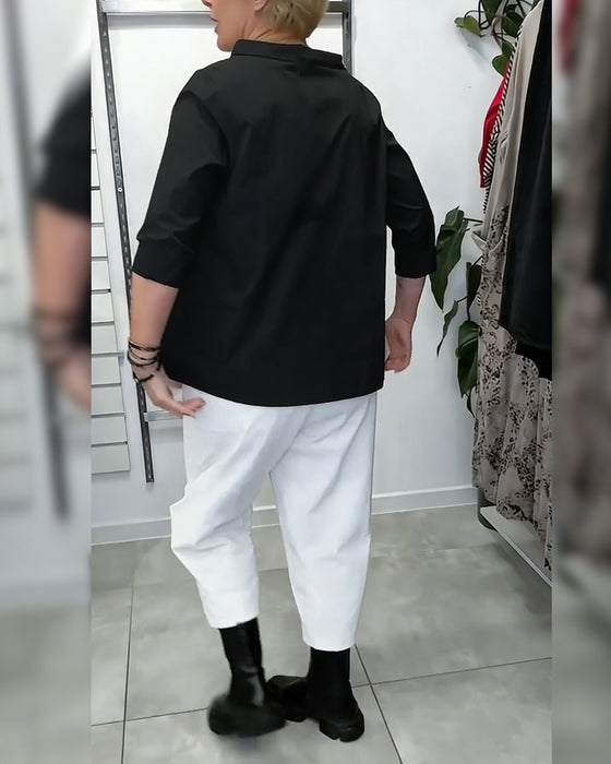 100% Bomuld Bluse Vid Krave Ensfarvet Casual