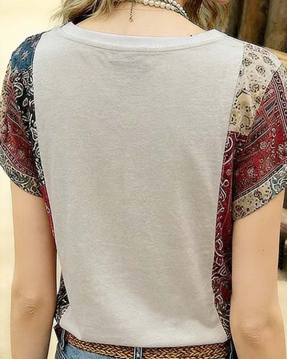 T-Shirt V-Udskæring Kortærmet Patchwork