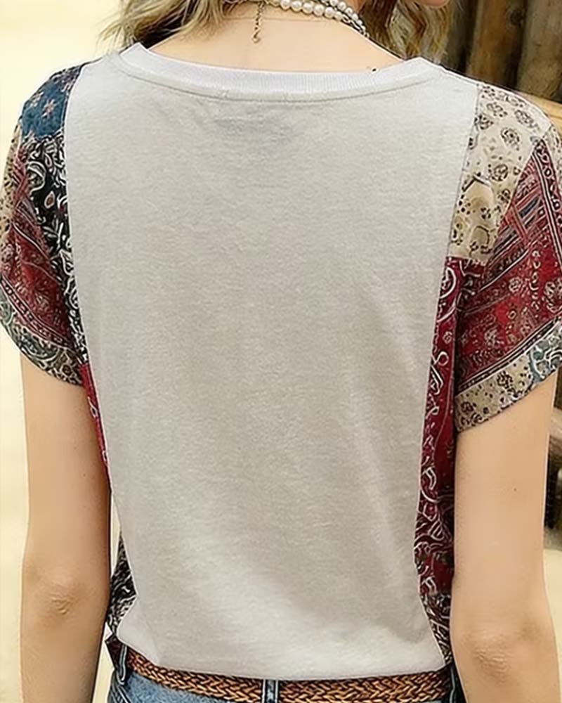 T-Shirt V-Udskæring Kortærmet Patchwork