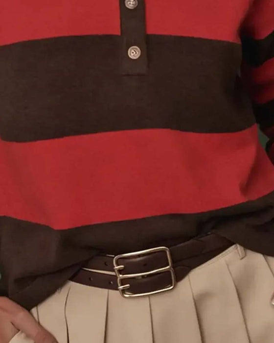 Pullover Med Bred Stribet Knappet Krave